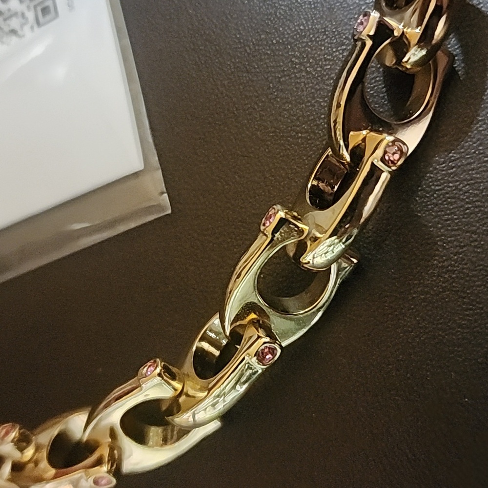 Coach Chunky Gold Cs Necklace Adorned with Pink Stones Like New w/dusty - Picture 4 of 11